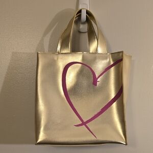 Victoria's Secret Metallic Gold Tote with Pink Heart LOT Q